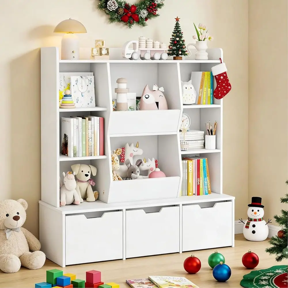 

47 Large Kids Bookcase with 3 Adjustable Shelves and 8 Storage Bins, Multi-functional Organizer for Playroom, Living Room, and B