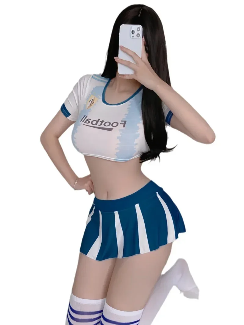 Conjunto de faldas de moda, camiseta coreana dulce azul, manga corta, estudiante de porristas dividido, Cosplay Sexy, conjunto de baile de Anime, novedad de 2024