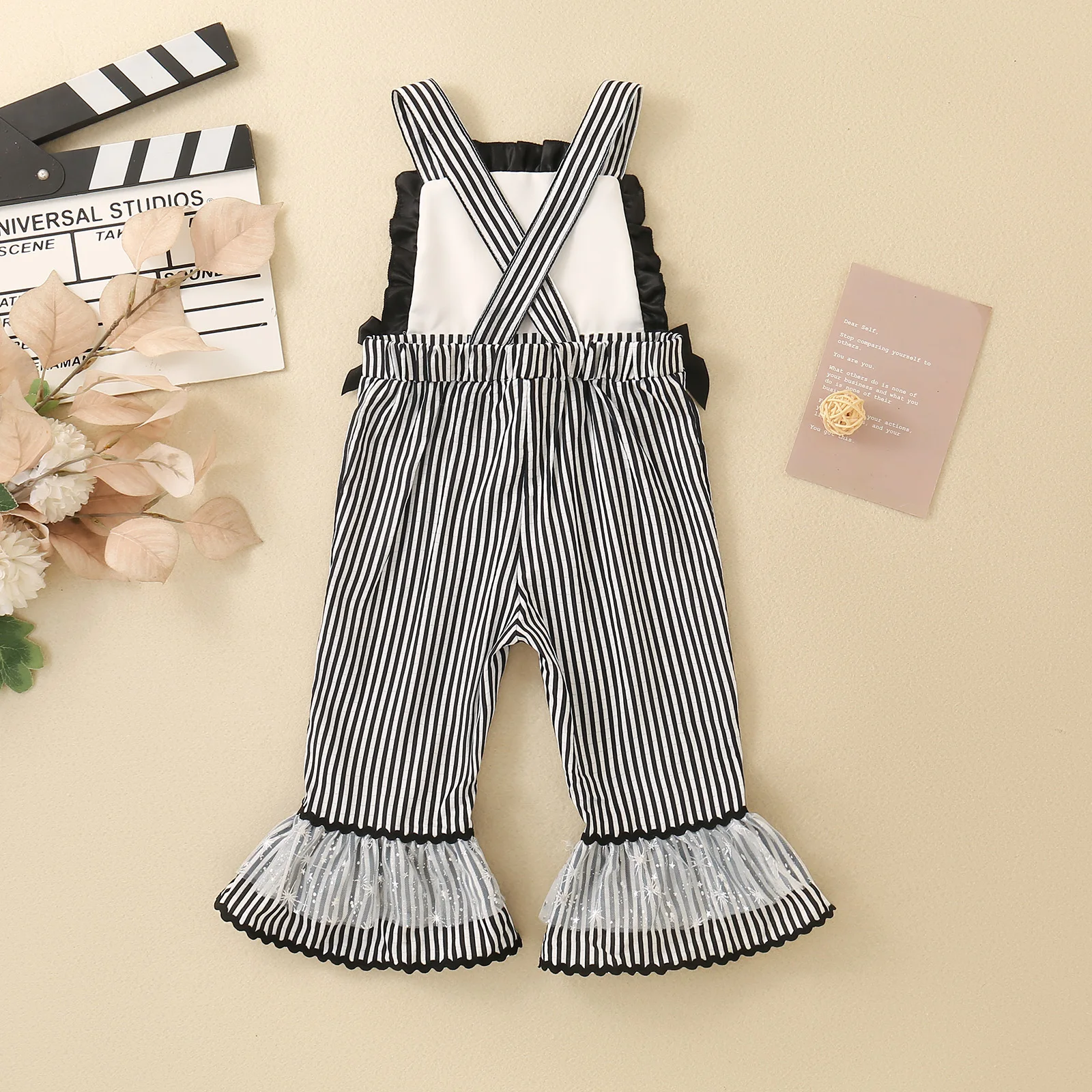 Halloween Baby Girl Ghost Jumpsuit Black White Striped Bell Bottom Romper with Bow Mesh Ruffle Hem Toddler Outfit