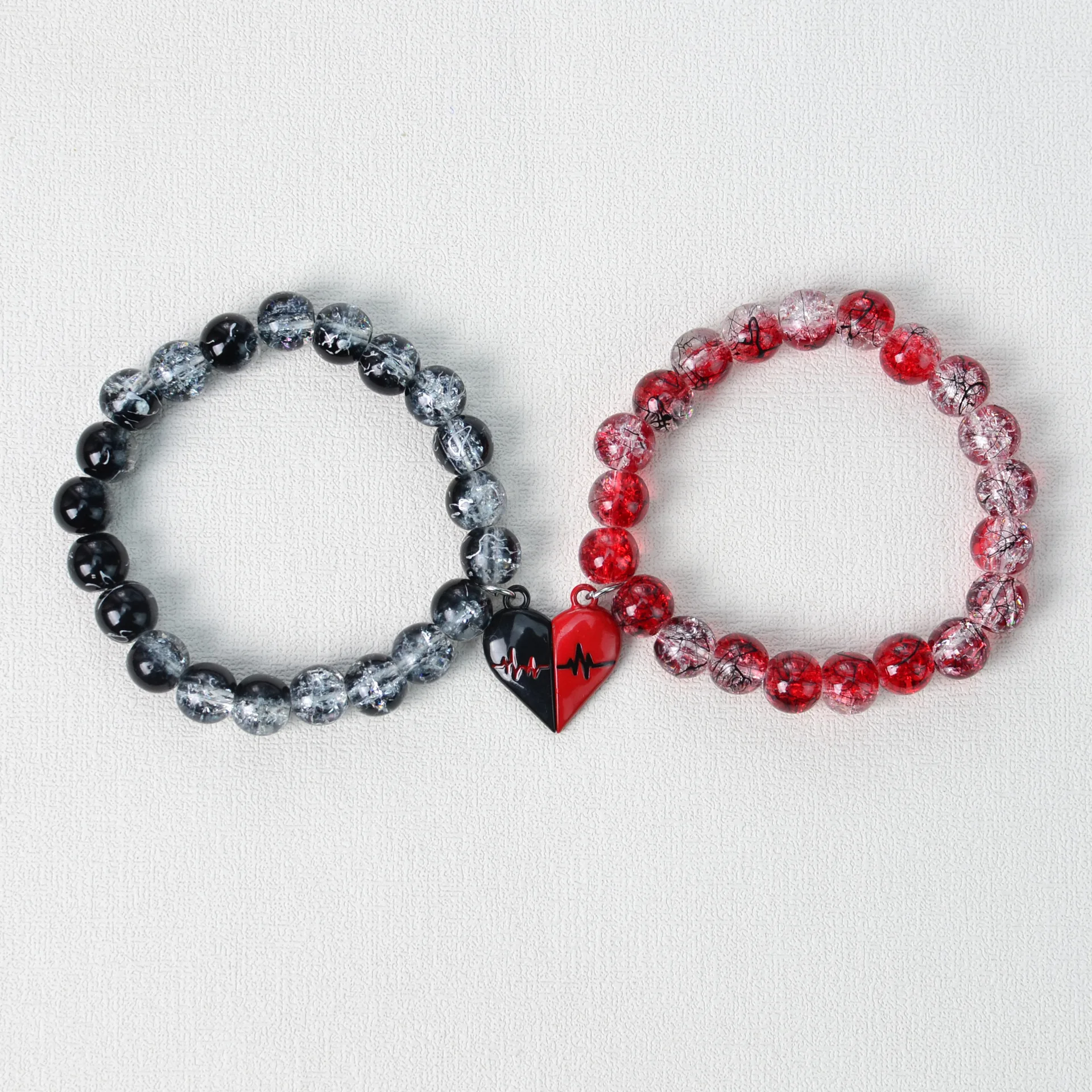 2Pcs Romantic ECG Heart Charms Couple Bracelet For Lover Women Men Magnetic Red Black Beaded Bracelets Party Gifts