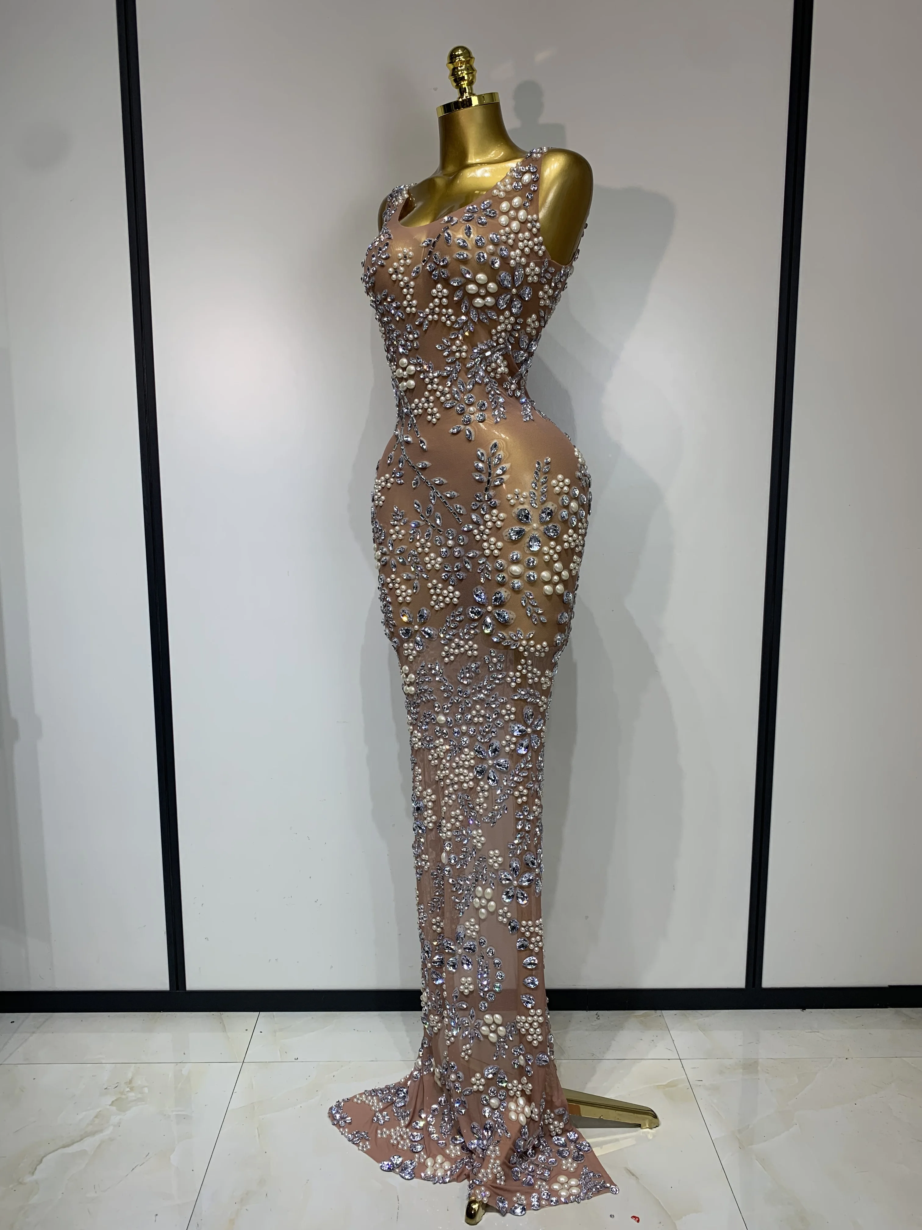 see through club dress Women Lxury Diamonds Mesh Long Celebrity Elegant Evening Party Fancy Dress Singer Performance Costume Kate Middleton's looks elegant
