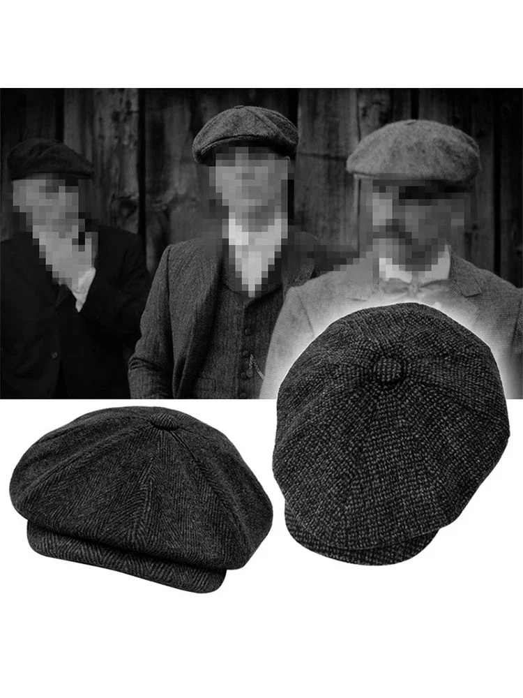 Retro Newsboy Caps für Herren, achteckige Hüte, britische Malerhüte, Herbst-Winter-Baskenmützen, Fischgrätmuster-Flatcaps, Hip-Hop-Baskenmützen, Gorras