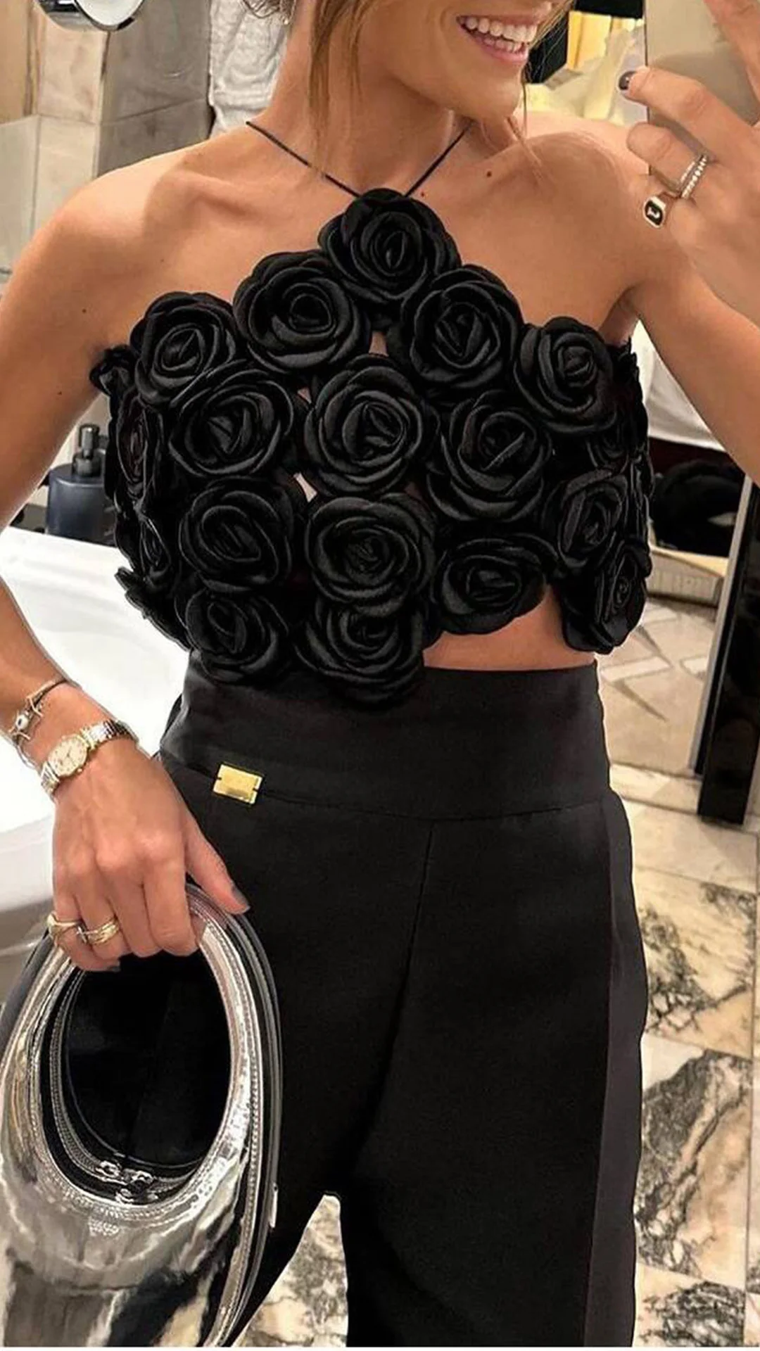 

Rose Bloom Flower Applique with Satin Halter Neck Back Lace-up Straps Gorgeous Top in Black