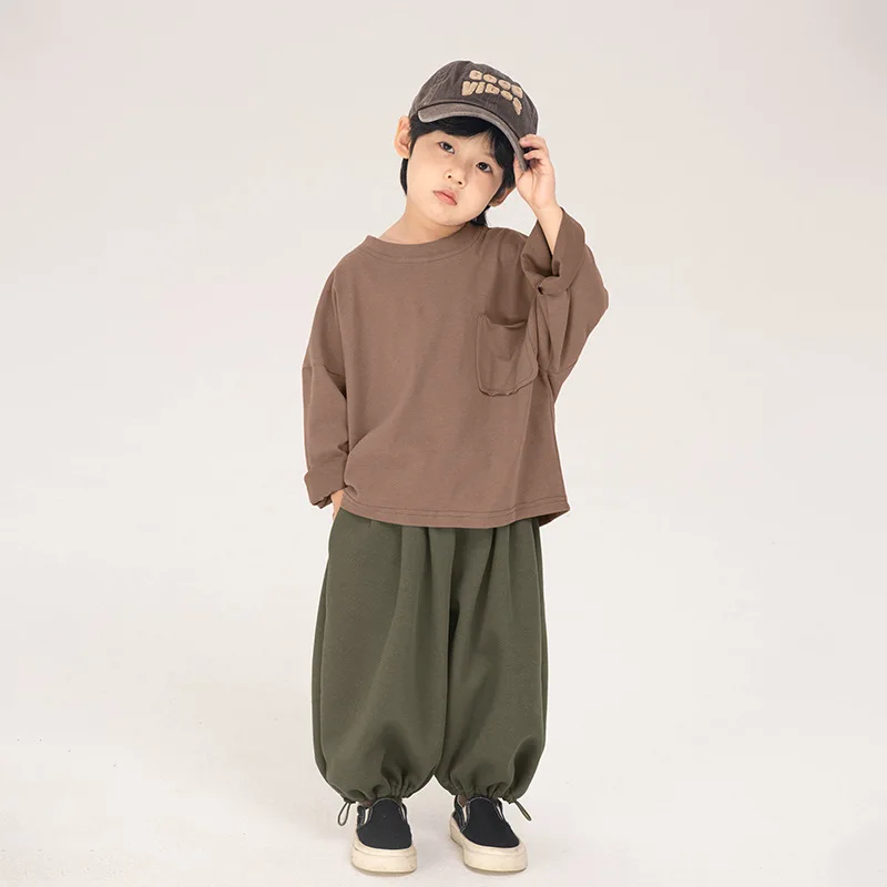 

Children Clothing Boys Long-sleeved T-shirt 2024 Spring New Fashionable Solid Color Loose Casual Top Cotton Casual Base Shirt
