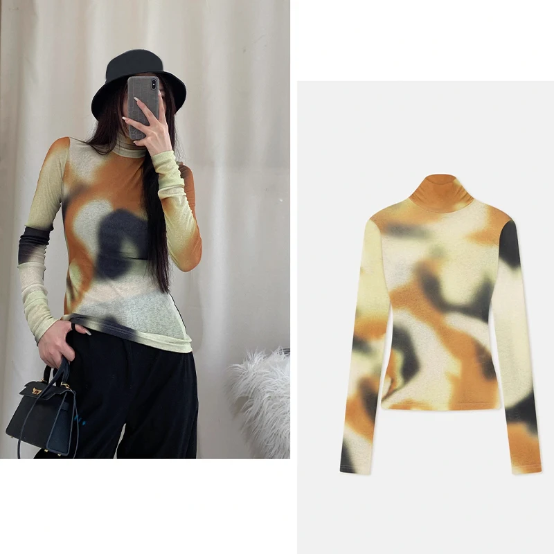 NIGO LP Women's Autumn And Winter Colorblocking High Neck Long Sleeve Top Casual Stretchy Knit Sweater #nigo61412