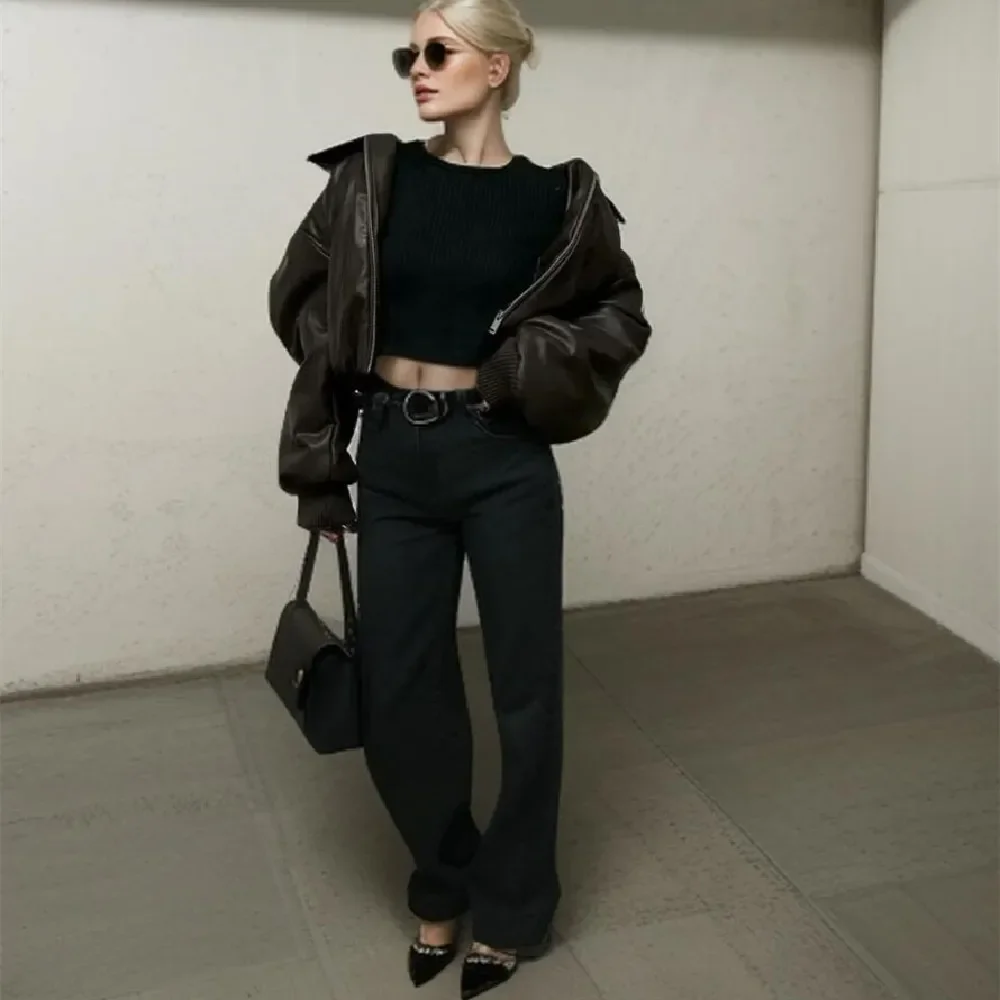 Abrigo con hombros caídos, Parka corta de manga larga, prendas de vestir exteriores, negro, marrón, invierno 2025, solapa para mujer, cremallera, pan de piel sintética