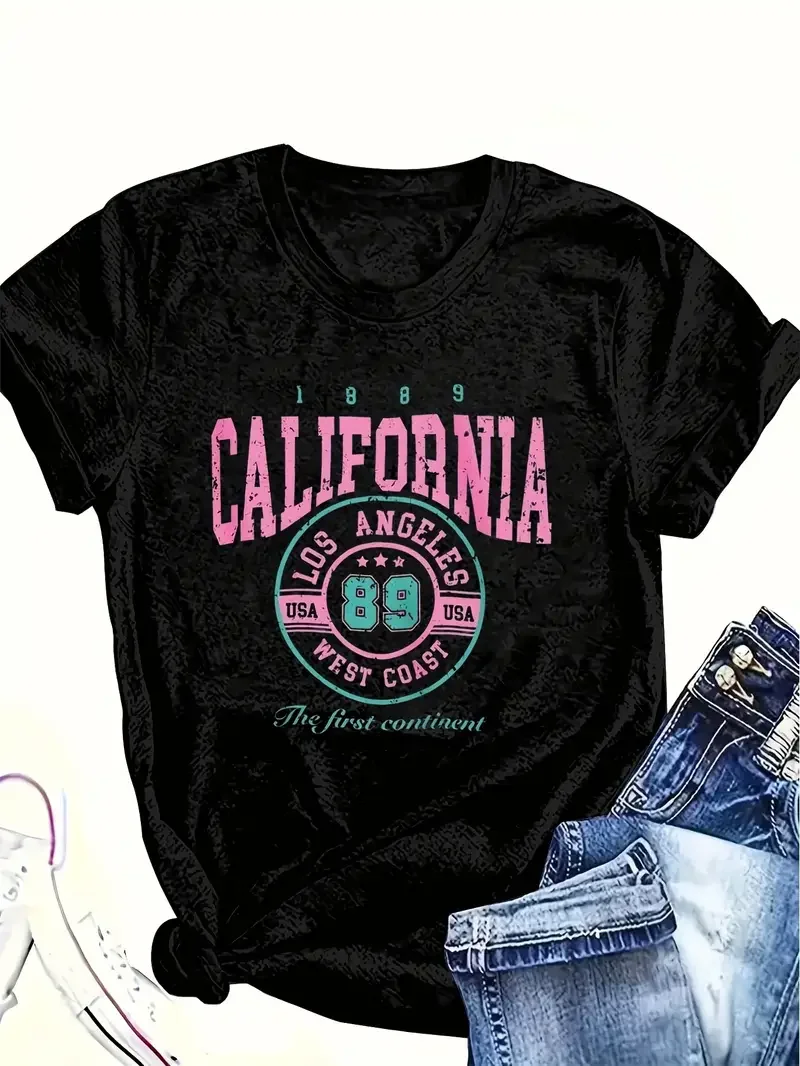 

Women's Short - Sleeve T - shirt, California Los Angeles Retro Print, Trendy & Vintage