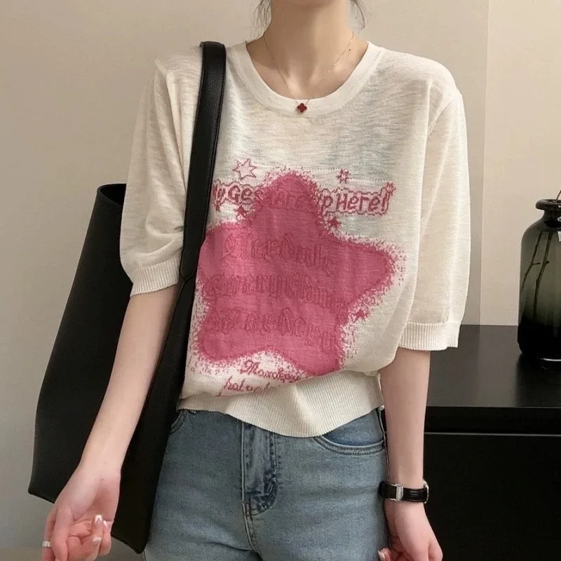 Foreign style with stars jacquard ice silk knitted short sleeve women's summer thin top cotton T-shirt base half sleeve