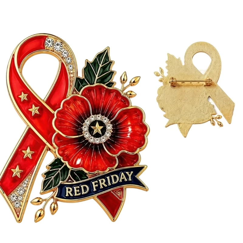 49ME Alloy Brooch Pin Red Ribbon Flower Detail with Pin Back Clasp, Lapel Accent for Jackets Bags Scarves and Hats