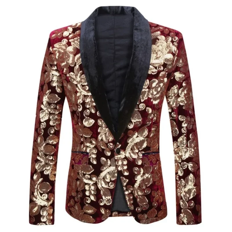 

European Size (Blazer + Trousers) Men's Suit Fashion Slim Burgundy Velvet Sequins Wedding Wedding Groom Dress 2 Piece Set 2022