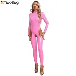 Bayan islak bak Patent deri Crotchless Bodysuit seksi kesme uzun kollu tulum Babydoll fermuar Zipper Rave dans Clubwear