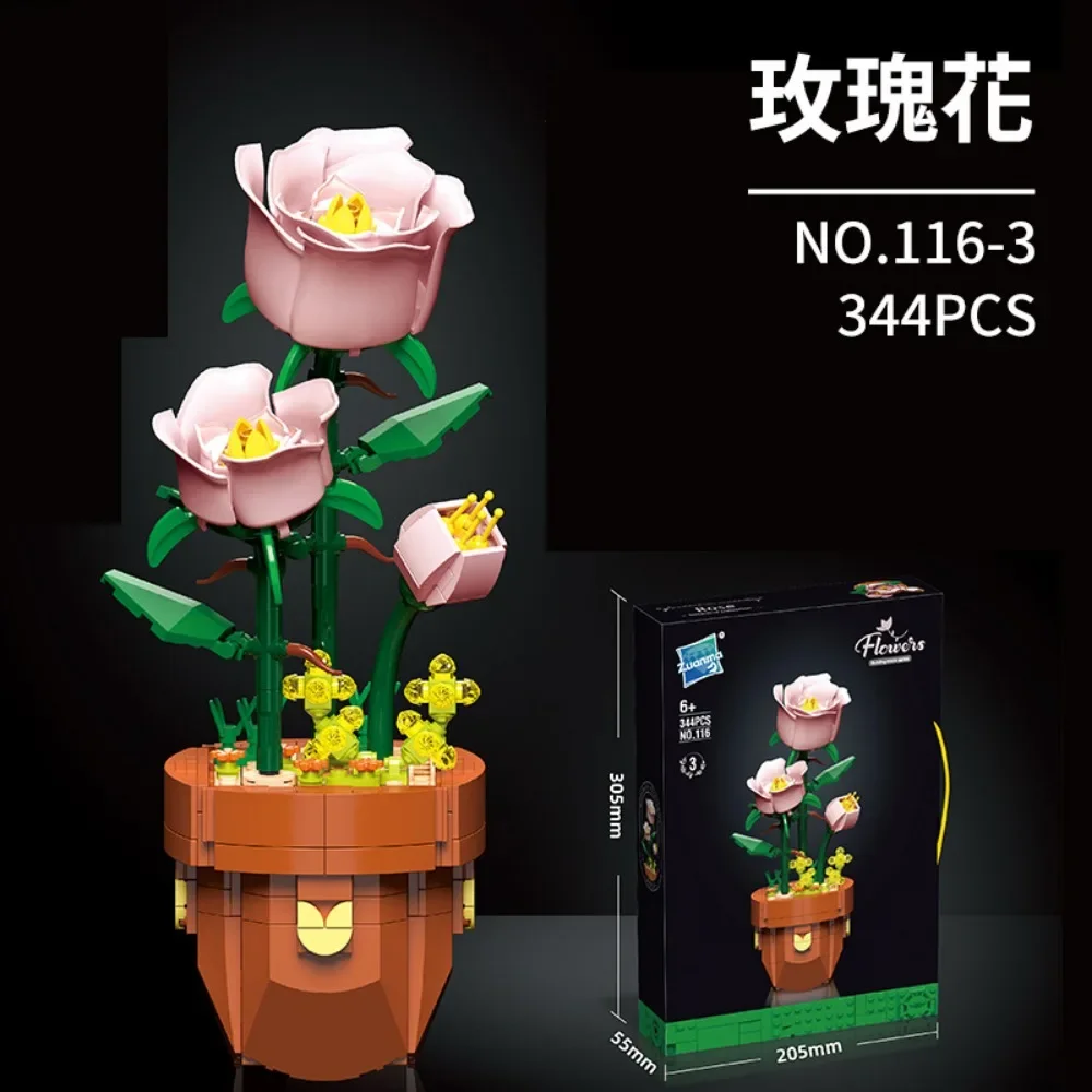 จําลอง Building Block ดอกไม้ดอกทานตะวัน Lotus Potted Plant เดสก์ท็อปเครื่องประดับตกแต่งของขวัญวันวาเลนไทน์ประกอบของเล่น