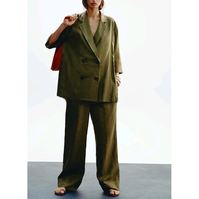 

New Double-Breasted Long-Sve Lapel Suit Jaet Casual High-Waist Wide-Leg Pants Two-Piece Set Faionable Women's Ensemble
