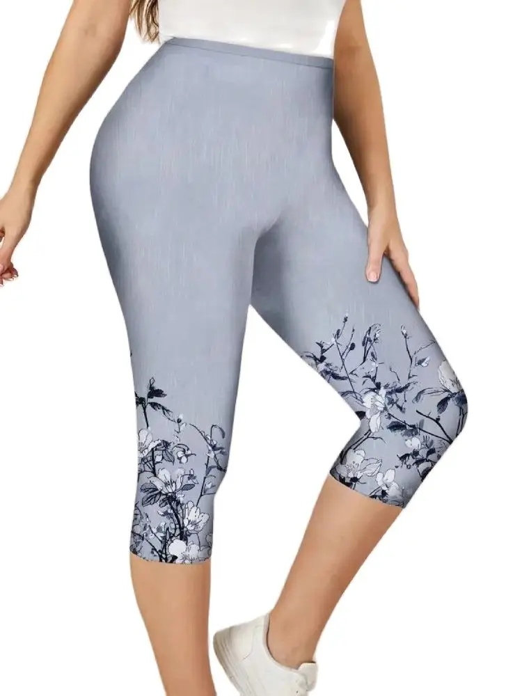 Floral floral print elastic elastic waist tight casual leggings slim cropped pants for women