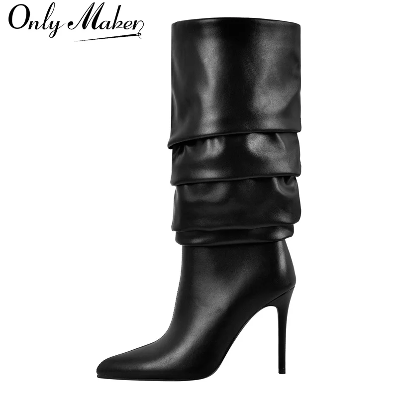 

Onlymaker Women Pointed Toe Side Zipper Mid-Calf Boots Thin High Heel Lady Female High Stiletto Pleated Boots