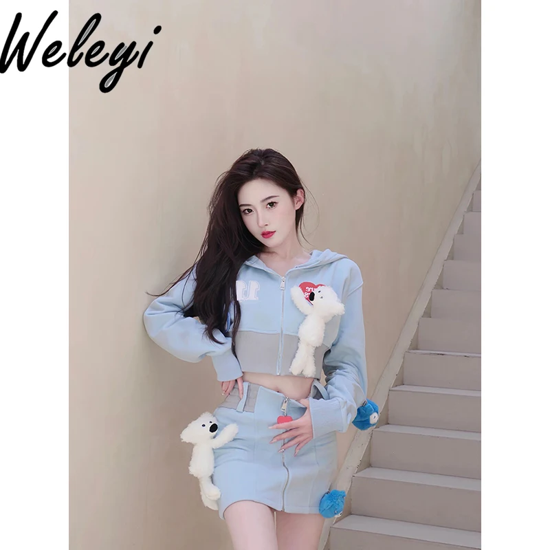 

Blue Womens Skirt Suit Sweet Fashion High End Design Bear Doll Creative Unique Chic 2024 Autumn and Winter Stylish Two Piece Set