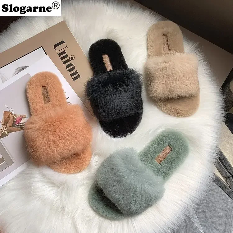 Faux Fur Slides Women\'s 2024 New Winter Slippers Home Cotton Shoes Korean Students Flats Plush Girls Fur Slippers Furry Slippers