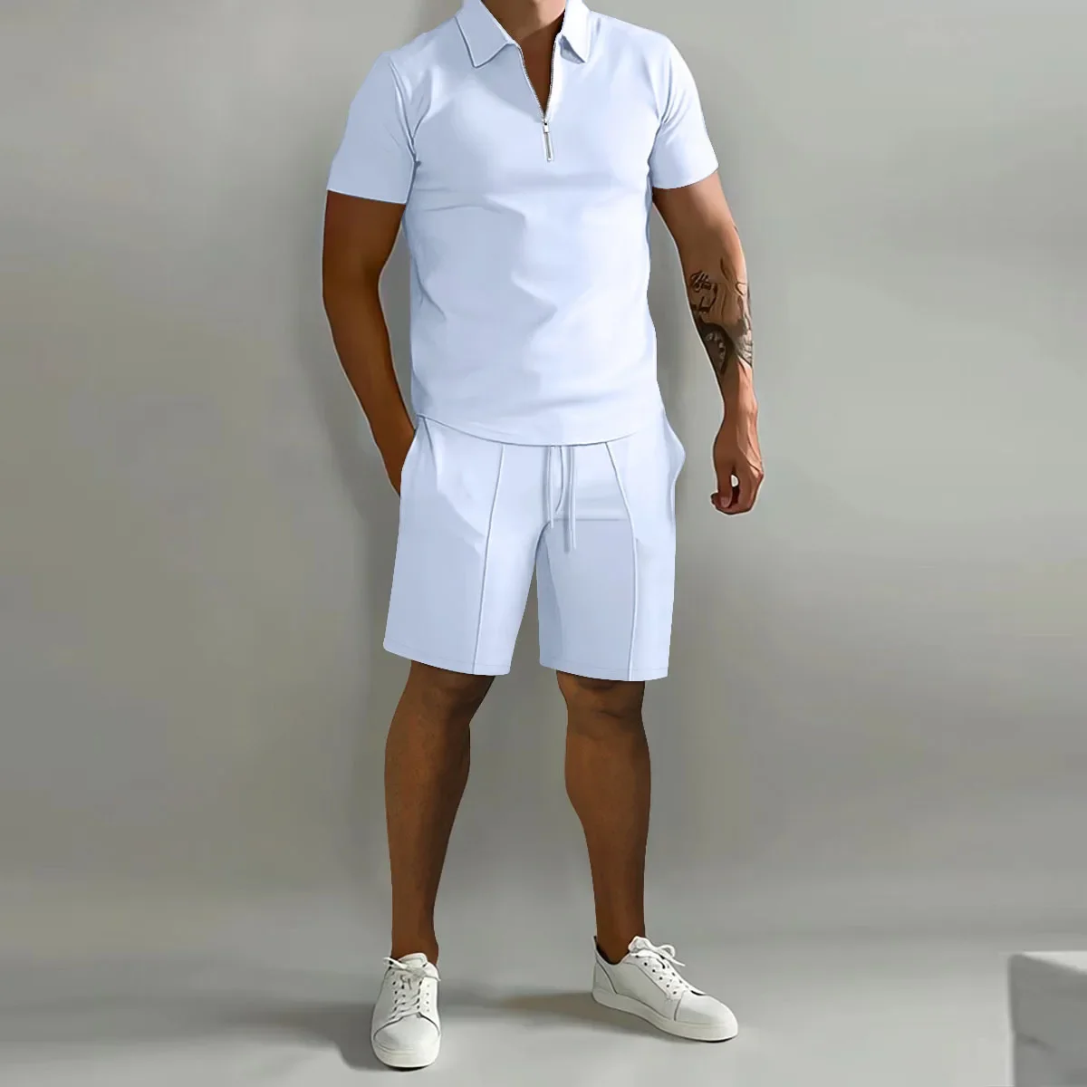 Summer new men's fashion trend fitness sports loose short sleeve shorts suit men's casual solid color POLO shirt