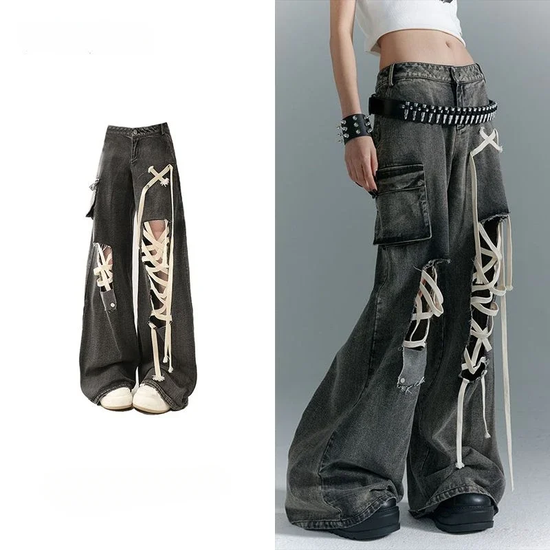 Women Ribbon Ripped Hole Baggy Jeans Black Vintage Oversize Cargo Strap Design Pocket High Waist Y2k Fit Slimming Wide Leg Pant