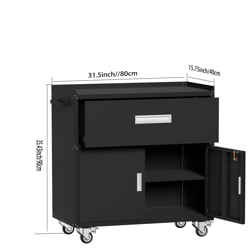 Black metal tool cabinet with locking wheels - adjustable shelves, drawers, double doors, studio and warehouse storage