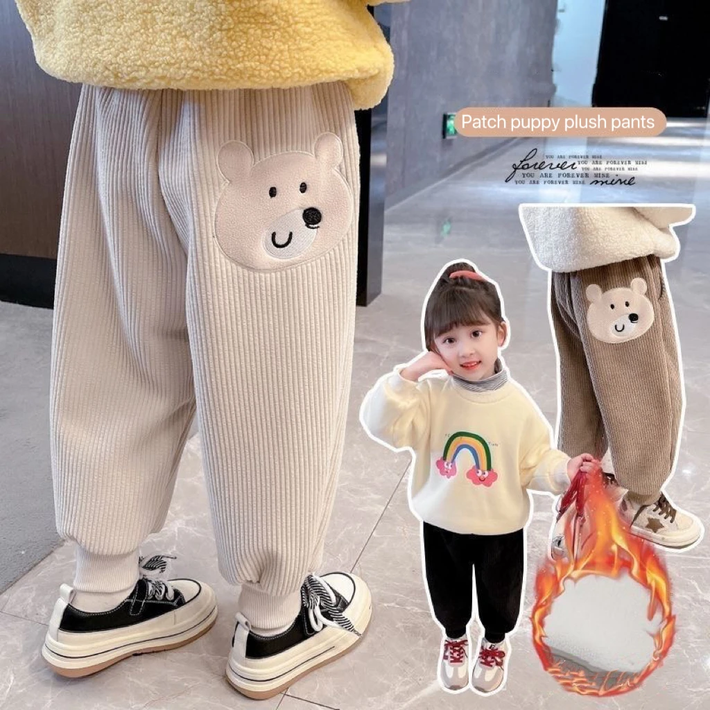 1pcs Boys Girls Winter Velvet Kids Pants Cute Little Bear Cartoon Mid Waist Warm Pantalones Baggy Thick Plush Children Trousers