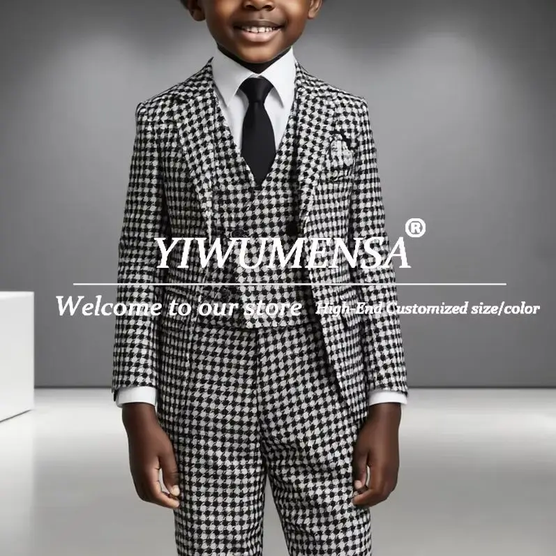 結婚式用のエレガントな男の子の服装、千鳥格子柄のシングルブレスト子供用タキシード、結婚式用のカスタマイズされた3ピースキッズパーティーブレザー