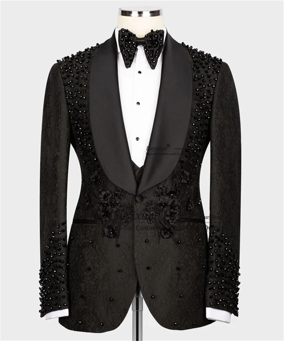 Fashion Black Beaded Pearls Men Suits With Flower 3 Pieces Sets Wedding Groom Tuxedo Party Male Prom Blazers Slim Costume Homme