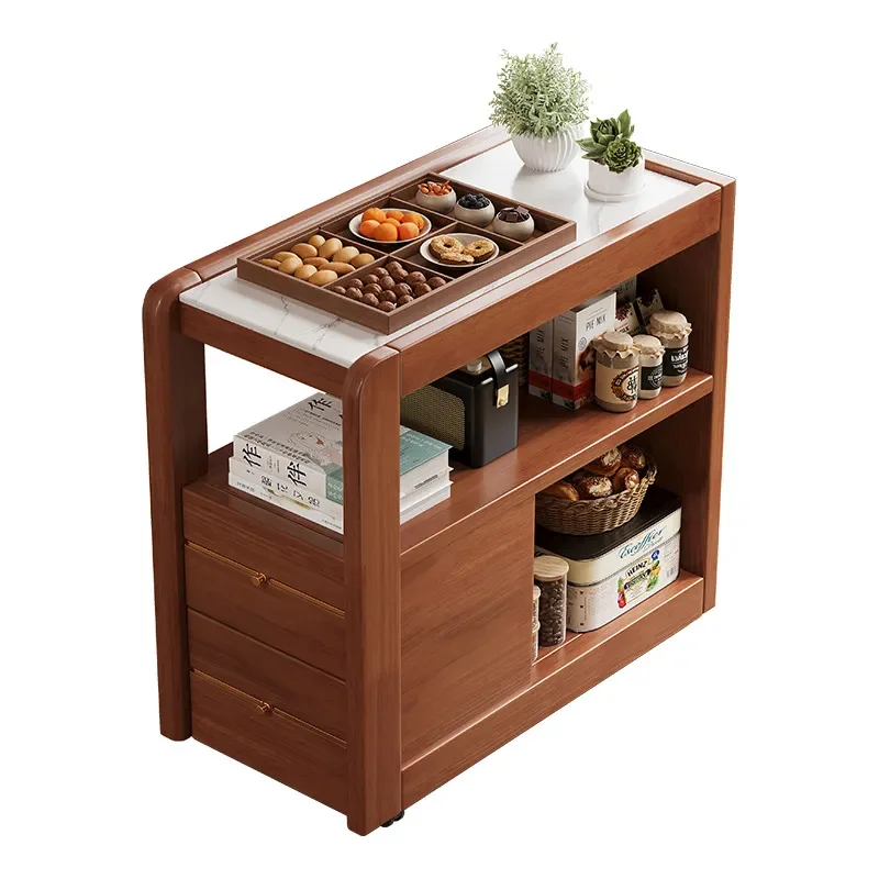 Solid Wood Chinese Style Rolling Side Table with Stone Top Lift Mechanism Multifunctional Living Room Coffee Cart