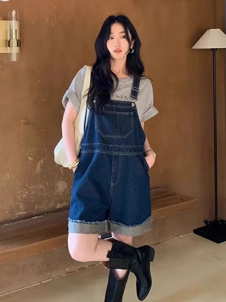 

American Retro Shoulder Strap Denim Jumpsuit Women'S Summer New Style Simple Loose Small Wide Leg Shorts