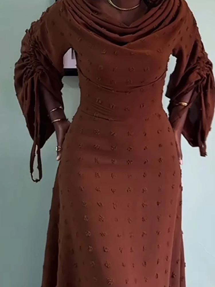 

Fashion High Street Loose Robe Dress Simple Solid Jacquard Commuter Dress New 2026 Women's O-neck Drawstring Long Sleeve Dress