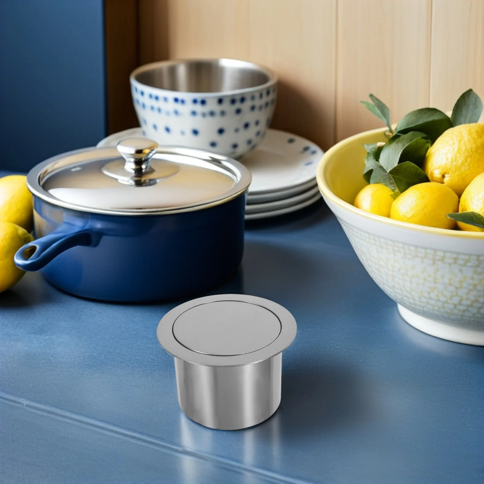 

13Cm Counter Embedded Bin Lid Stainless Steel Round Flip Cover Built-in Countertop Recessed Garbage Can Lid for Washroom Kitchen