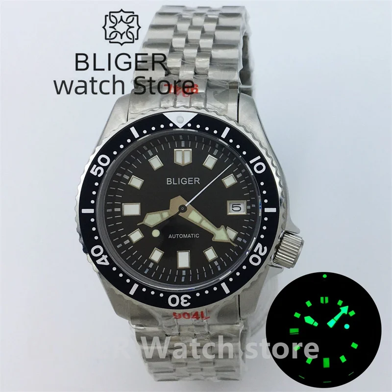 

BLIGER NH35A Automatic Diving Watch For Men C3 Lume Dial Hands 41mm 3.8 Crown 200M Waterproof Sapphire Crystal Steel Bracelet