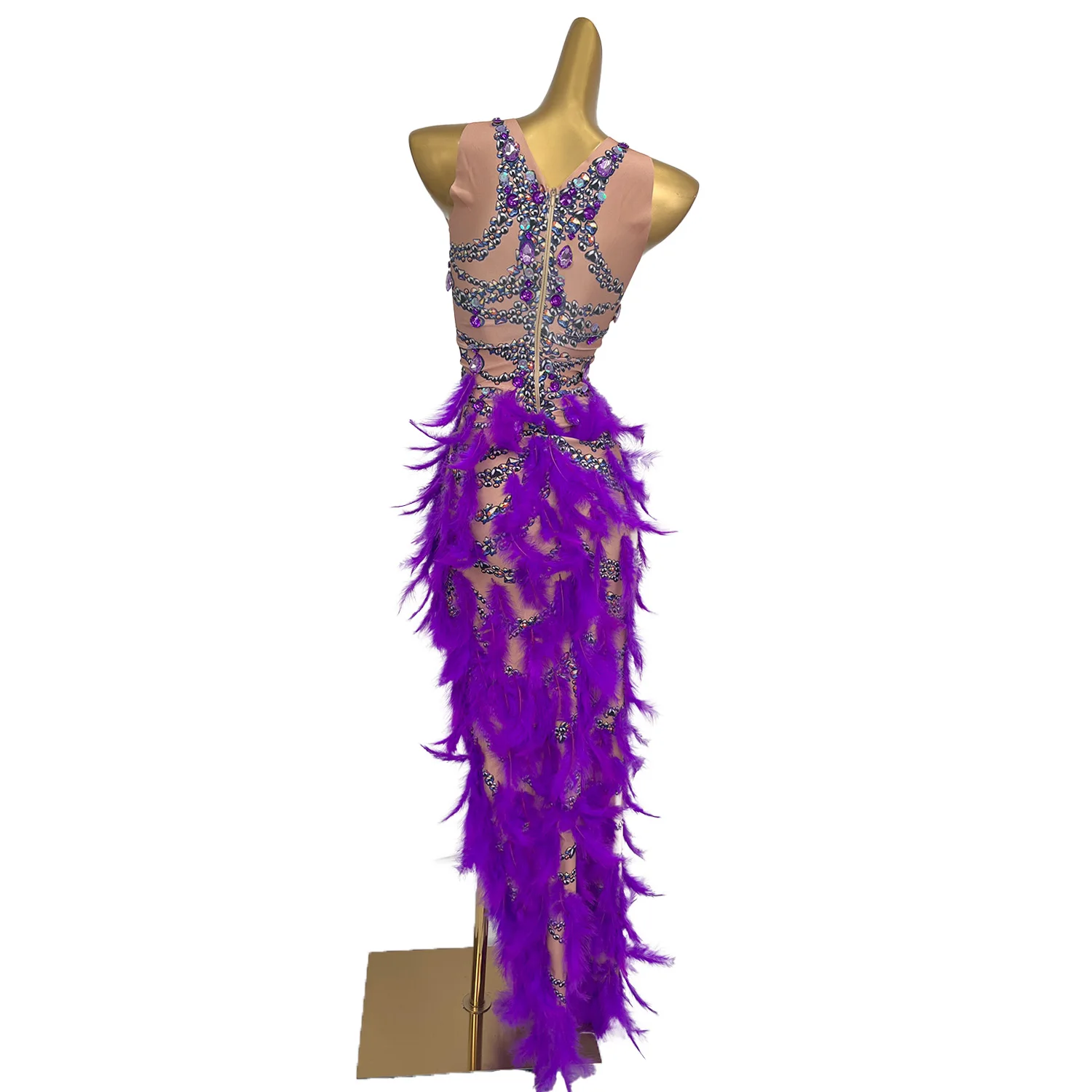 Vestido de fiesta de plumas de diamantes de imitación morado, Sexy, cantante femenina, ropa de escenario, traje de fiesta de celebración, trajes elásticos brillantes Zichuniao