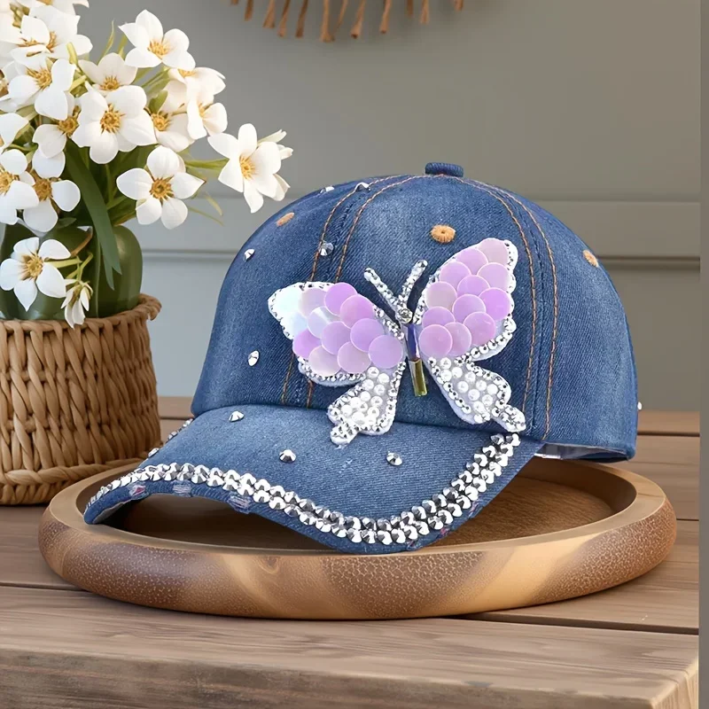 Custom Denim Baseball Cap With Perforations, Designed For Outdoor Sports And, Featuring A Diamond-Studded Style For Women