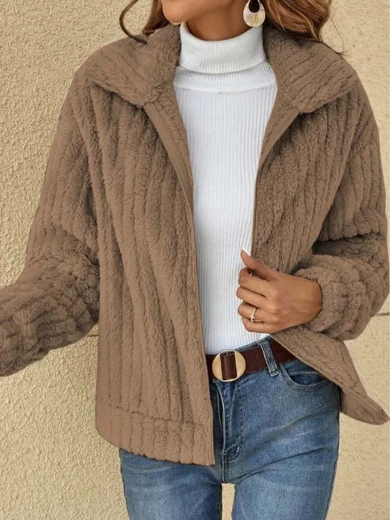 

Fleece Jackets Women Winter Oversized Warm Teddy Coat Female Vintage Faux Fur Plush Jacket Lady Zip Up Fuzzy Long Sleeve Outwear