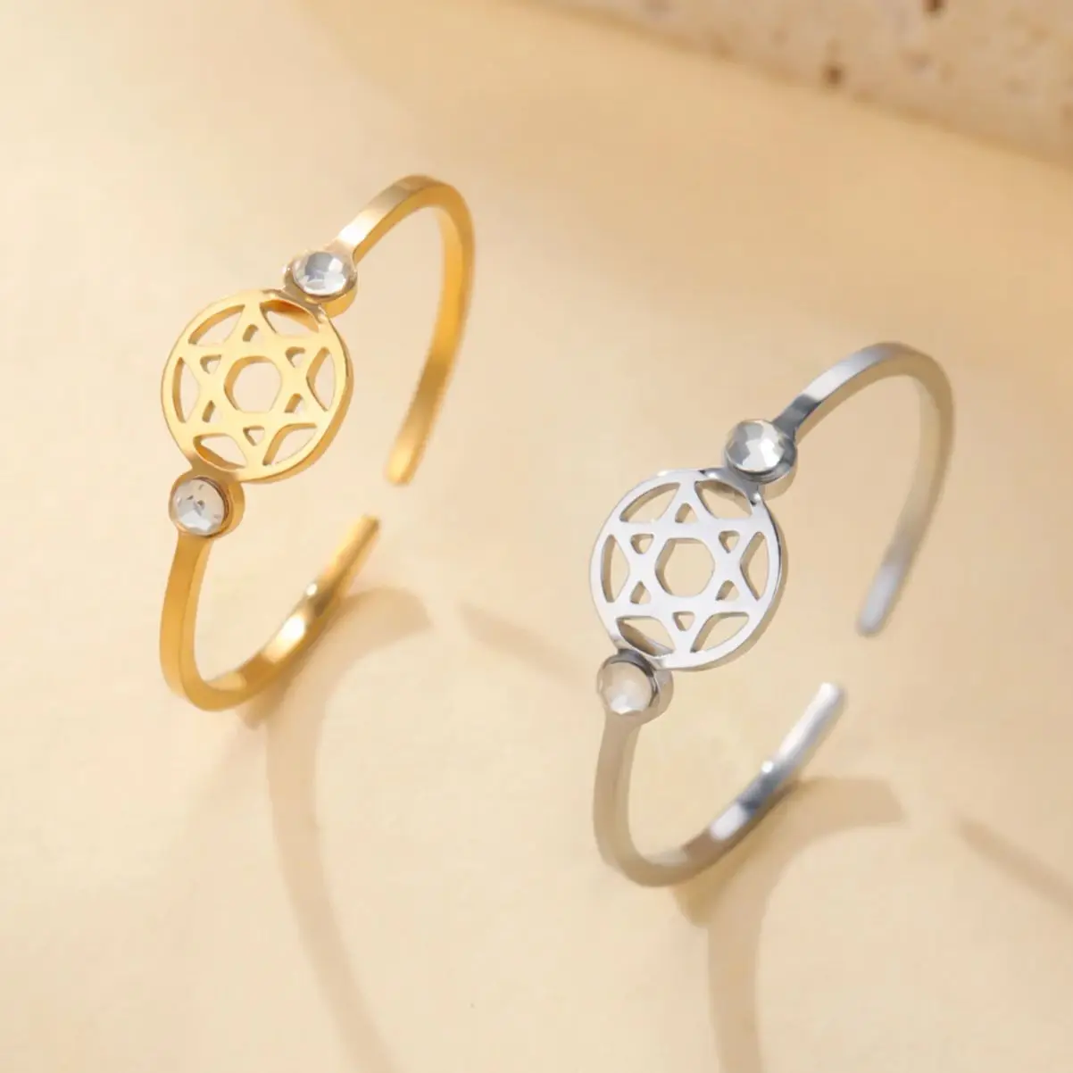 LIKGREAT Davidstern Zirkon Ring Hexagramm verstellbare offene Ringe für Frauen Edelstahl Schmuck Gothic Unisex Geschenk Ideal