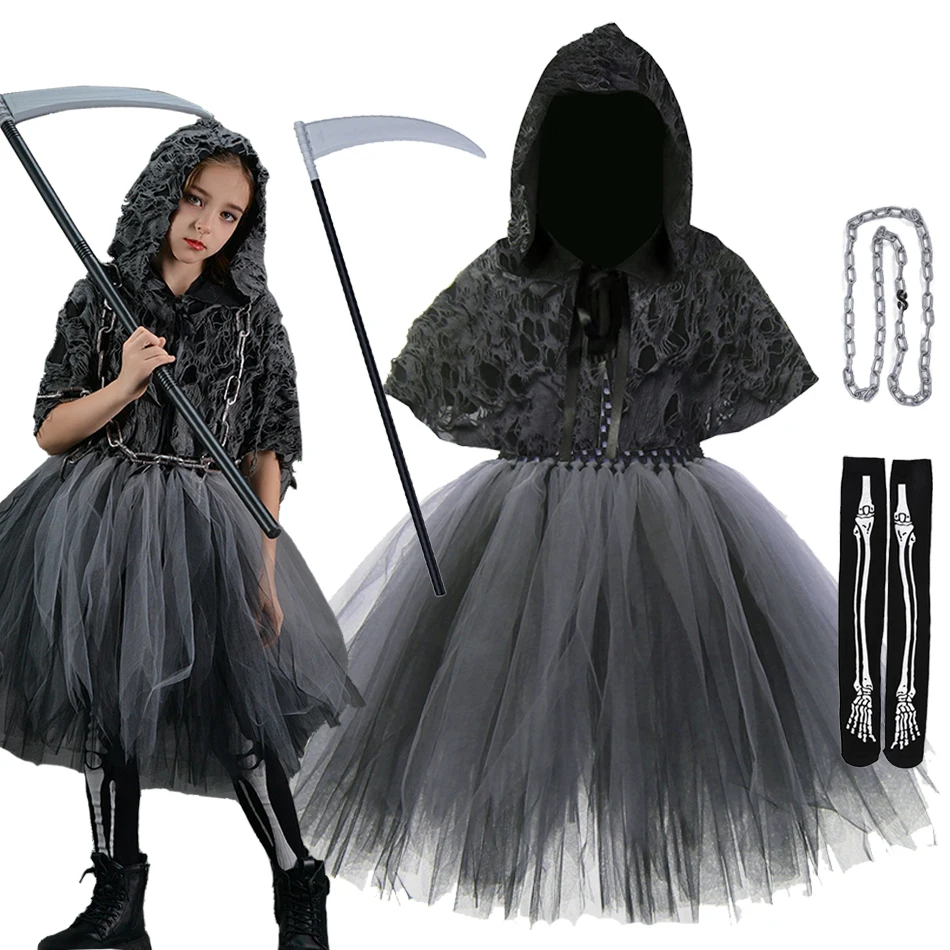 Halloween Kostüm Mädchen Tod Dress Up Tutu mit Hoodies Mädchen böse Rollenspiele Tüll Kleider Kinder Karneval Party Sichelkette