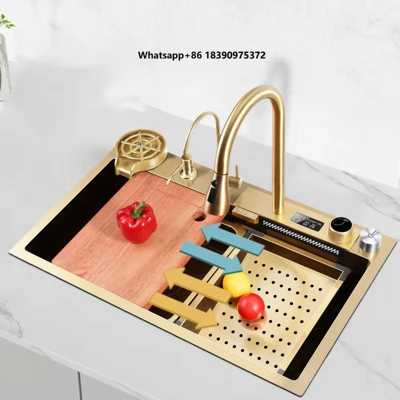 Kitchen Sink Gold 304 Stainless Steel Nano Handmade Multifunctional Above Counter Washing Sinks With Pull Down Faucet