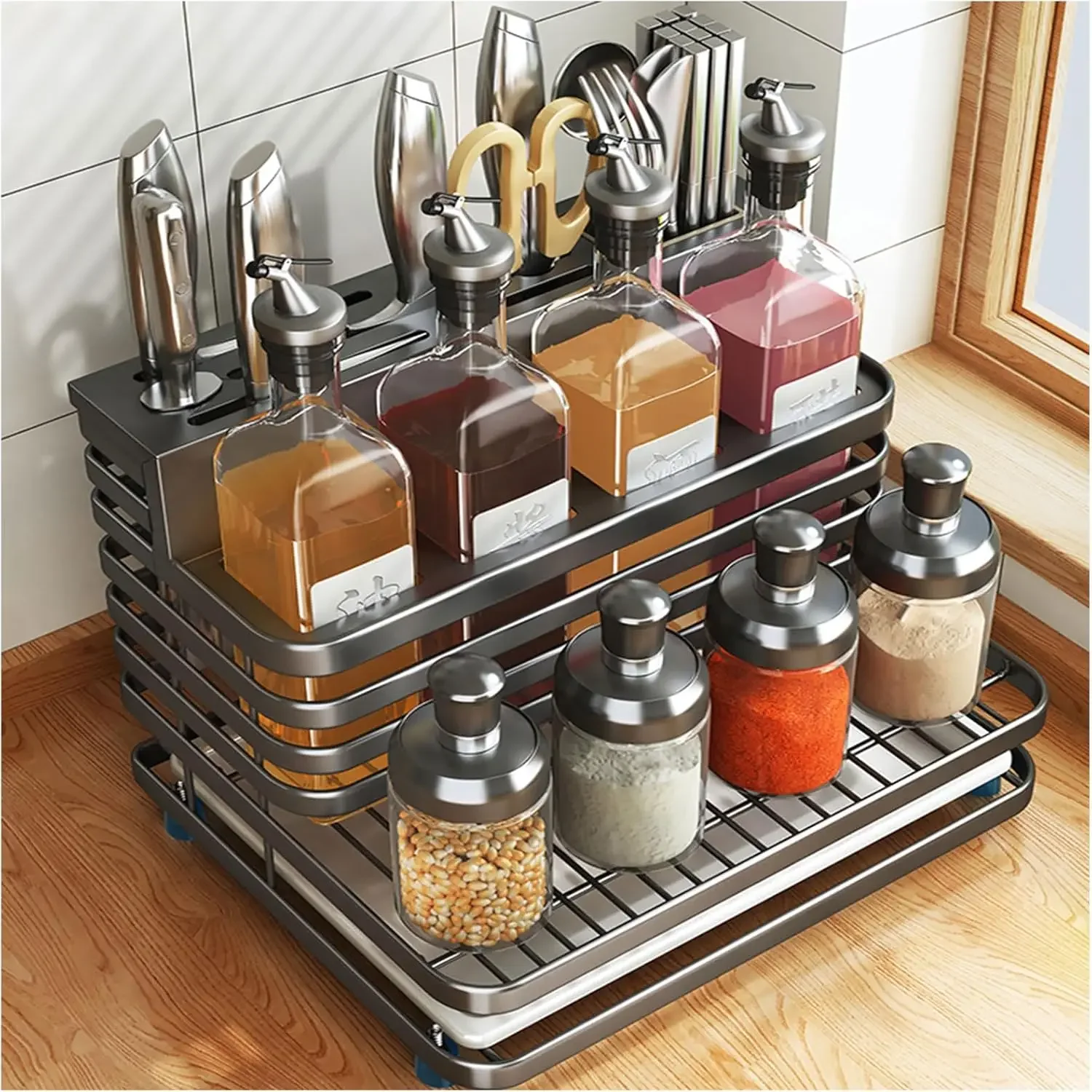 Multifunctional Seasoning Rack for Countertops,Knife Holder, Kitchen Utensil Holder,Kitchen Spice Jars Storage Rack