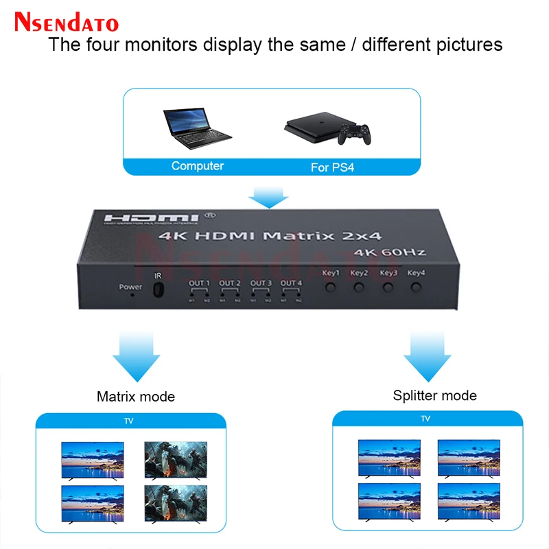 4K HDMI Matrix 2X4 Splitter 4K 60Hz 2 In 4 Out HDMI Splitter Switcher Audio Extractor AUX SPDIF Scale DownสำหรับPS3/4 TV DVD