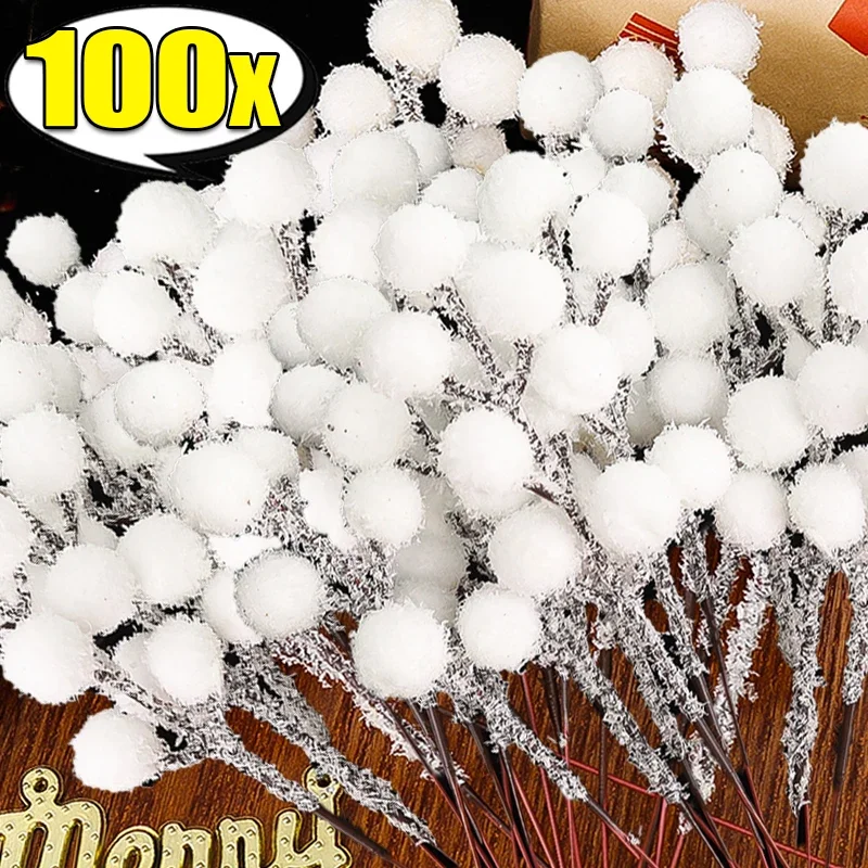 

White Artificial Berry Stem Snow Tipped Frosted Christmas Berries Branch DIY Wreath Xmas Tree Ornament Wedding Home Table Decor