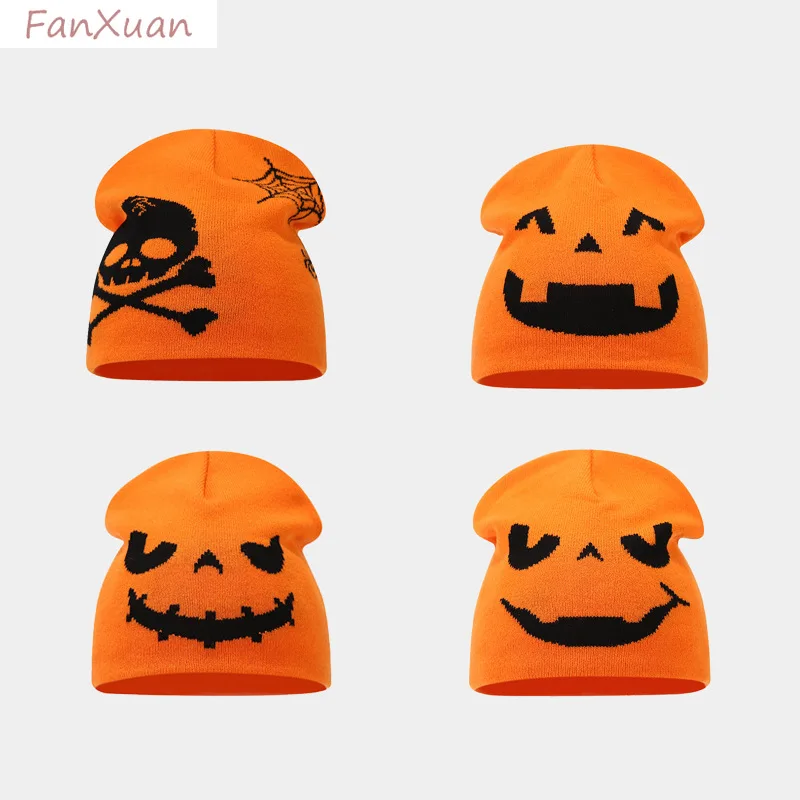 Halloween Pumpkin Knit Beanie cute black orange red funny parrten Festive Jacquard Hat cute view 2
