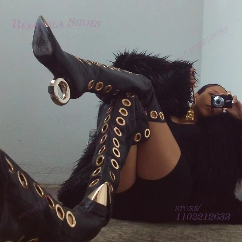 

Fretwork Boots With Gold Metal Rings Black Thigh High Loose Fitting Stiff Leather Red Pointed Toe Zip Silver Tassel Chain Shoes