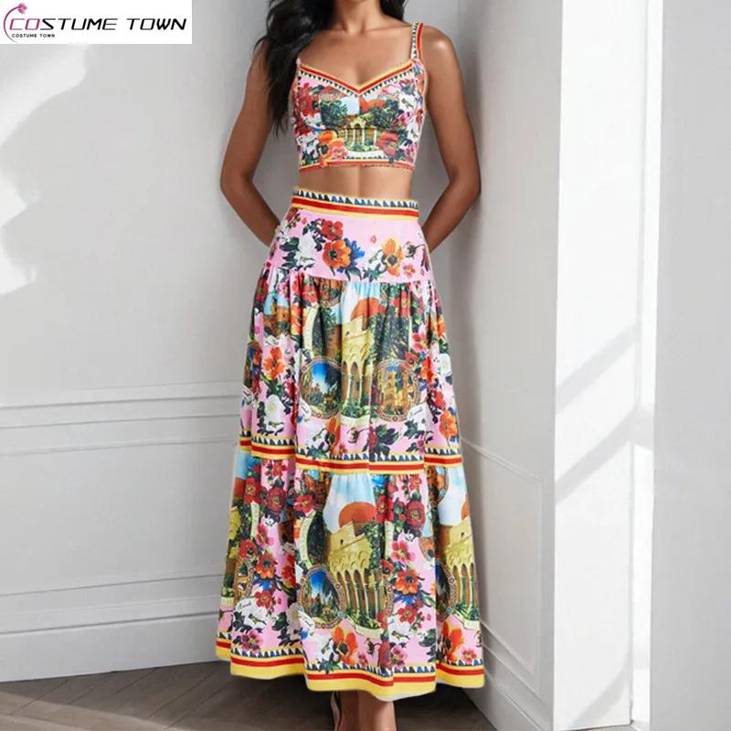 

Spring and summer European and American women's sexy and fashionable printed vest+slim fit high waisted skirt two-piece set