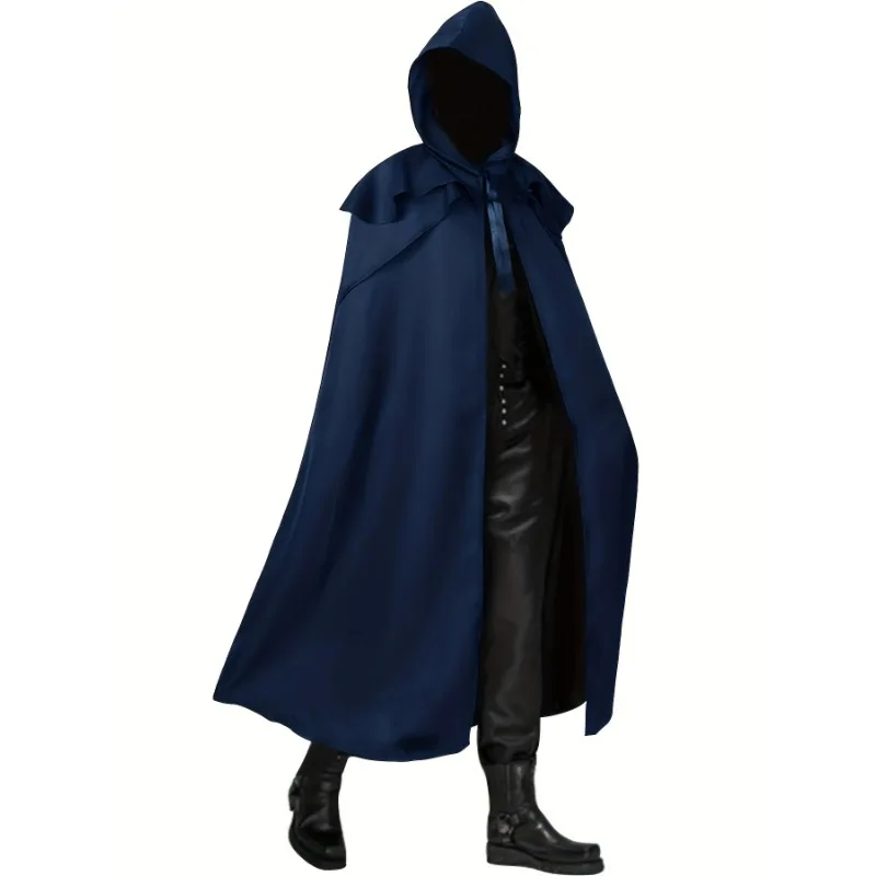 1PCS Medieval Hooded Cloak Robe  Burgundy Tie Design Breathable Polyester Long Cape Halloween Comic Con Cosplay Outerwear