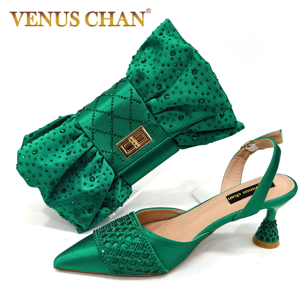 2025 New Arrival Elegant Rhinestone Three-Dimensional Green Cutout Bag and Stylish High Heels - Italian Design Fashion Pair