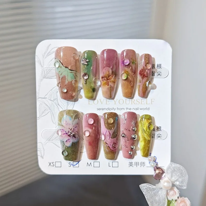 

10Pcs Fake Nails Pink & Green Garden Artistic Botanical Design with Whimsical Charm Press-On Nail Tips Perfect as Gifts for Girl