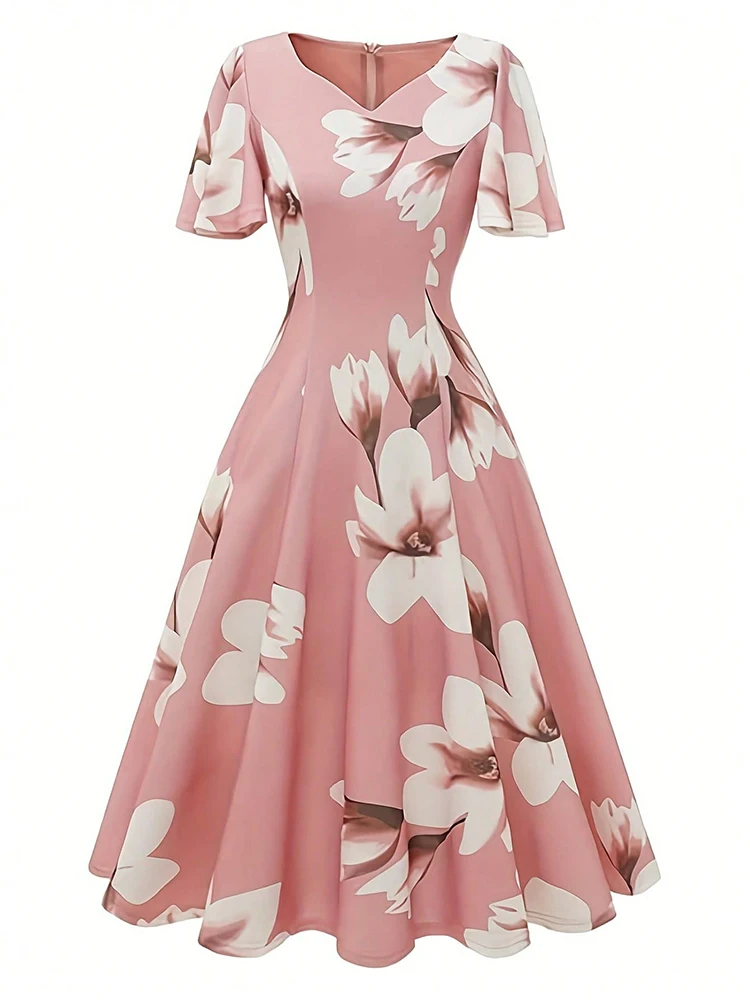 Bellissimo abito estivo con stampa floreale Abiti lunghi midi con maniche A-line Abiti da donna eleganti rosa Abbigliamento donna