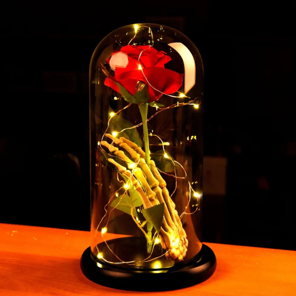 Artificial Rose in Glass Dome with Skull Hand String Light Creative Valentine's Day Decoration Ornament for Home Shelf Bar Party