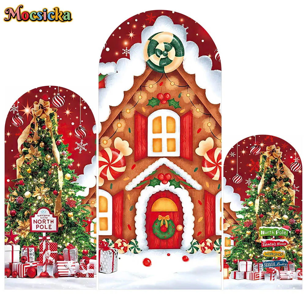 

Mocsicka Christmas Double-Side Arched Background Cover Snow Wooden House Xmas Tree Gifts Family Party Decor Chiara Arch Backdrop